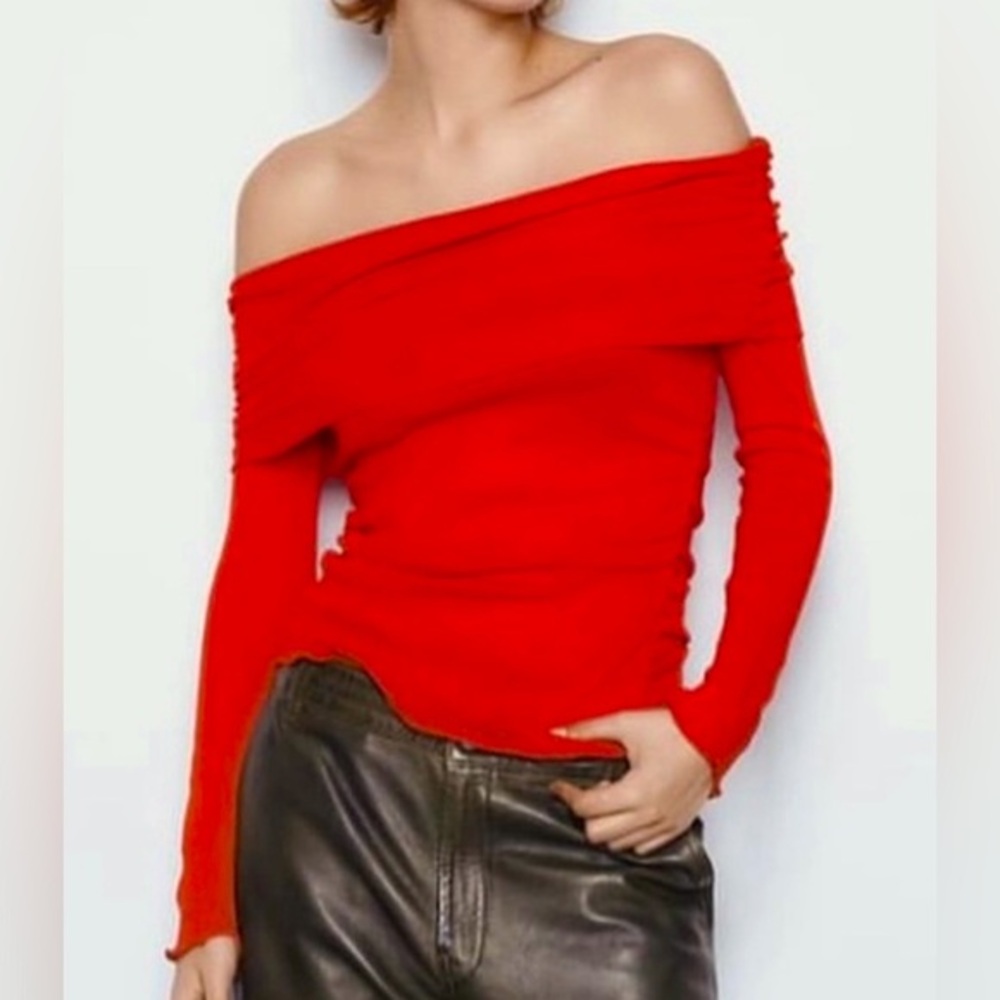 Zara Off-the-Shoulder Sweater in Bright Red